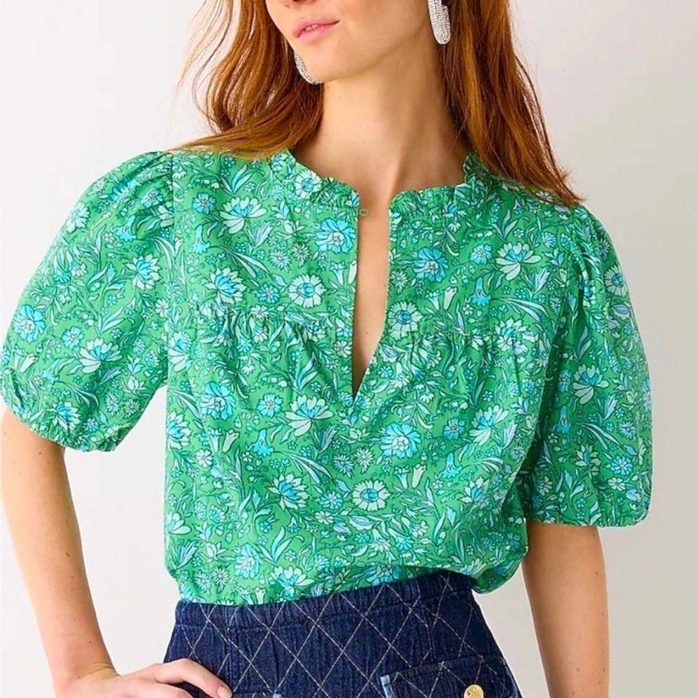 J Crew Ruffle Trim Short Sleeve Green Marigold Blooms Blouse Sz S